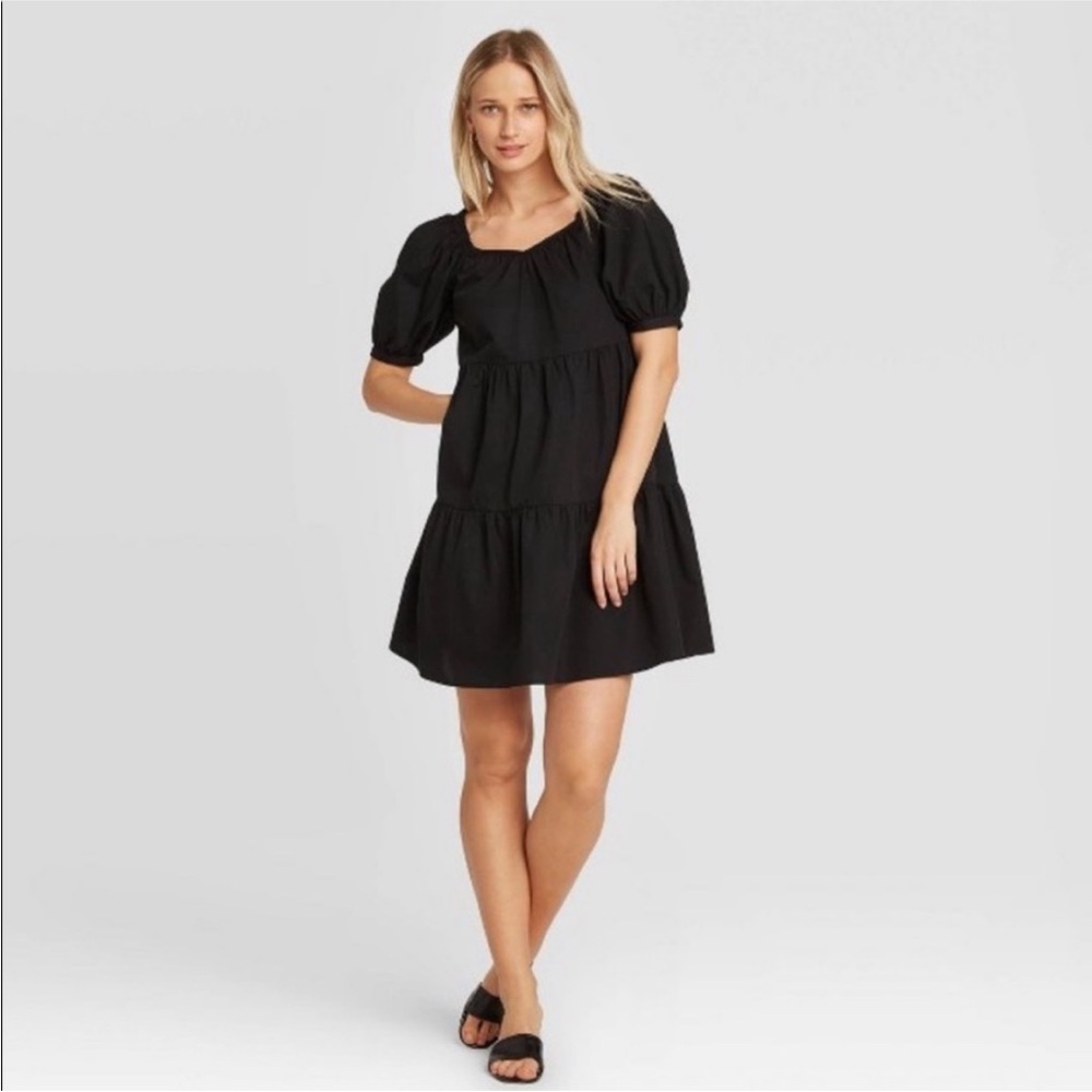 Who What Wear black tiered babydoll puff sleeve mini dress sz S